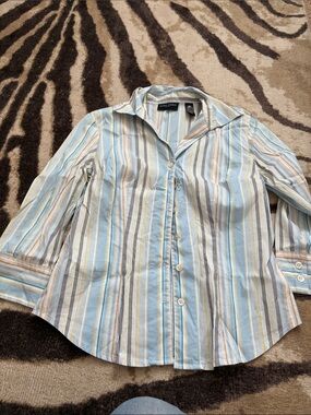 Valerie Stevens Blue, White & Tan Striped Button-Up Blouse